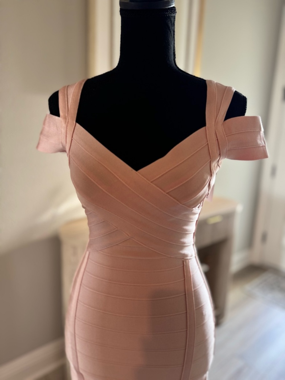 Blush Pink Off-Shoulder Bandage Midi Dress